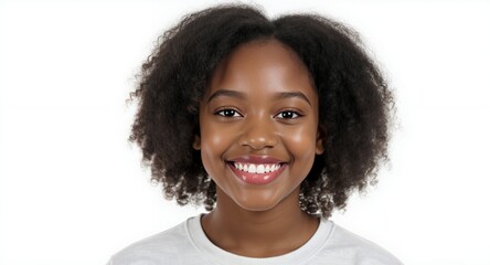 Smiling girl portrait, happy child headshot, beautiful kid face, curly hair, natural beauty, bright smile, white background, studio shot, positive emotion, cheerful expression, healthy teeth, ski