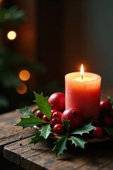 Cozy candlelight, red berries, green holly, pine boughs, rustic charm , christmas, festive, christmas arrangement