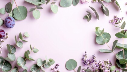 Floral Frame with Plums on Pink Background