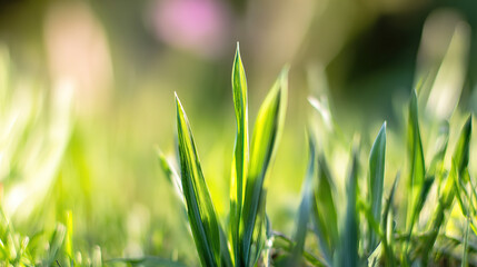 shallow. Fresh spring grass blades highlighted by sunlight with a soft, blurred effect. travel magazines, destination branding, designed for outdoor magazines and nature guides.