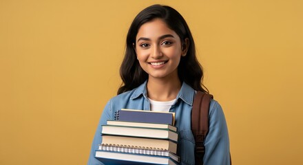 Smiling Student Holding Books and Backpack