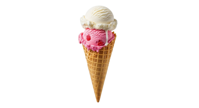 Double scoop vanilla and strawberry ice cream in a waffle cone isolated PNG with Transparent Background
