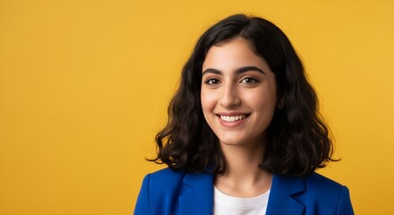 Smiling woman in blue blazer against yellow background