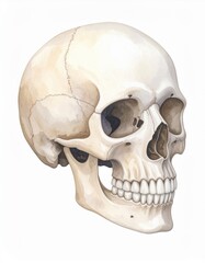 Obraz premium Anatomical Skull Study in Watercolor Illustration Detailed Human Cranium Bone Structure on White Backdrop