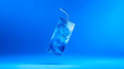 Vintage paper tag floating in blue space with abstract texture, minimalist design concept.