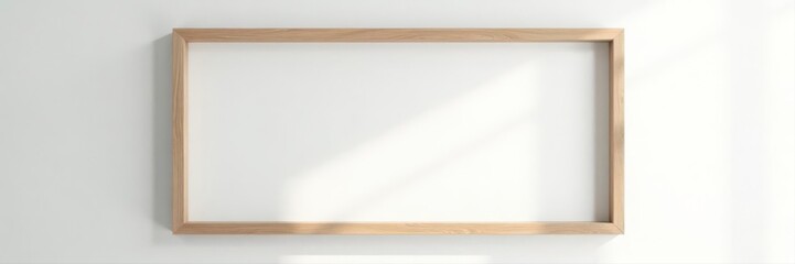 Horizontal oak wood picture frame mockup against a white wall Perfect for artwork display , wooden frame, white background, wall art