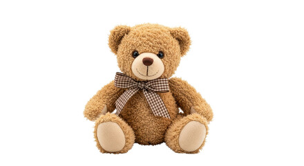 Obraz premium Cute brown teddy bear plush toy with a checkered bow isolated PNG with Transparent Background