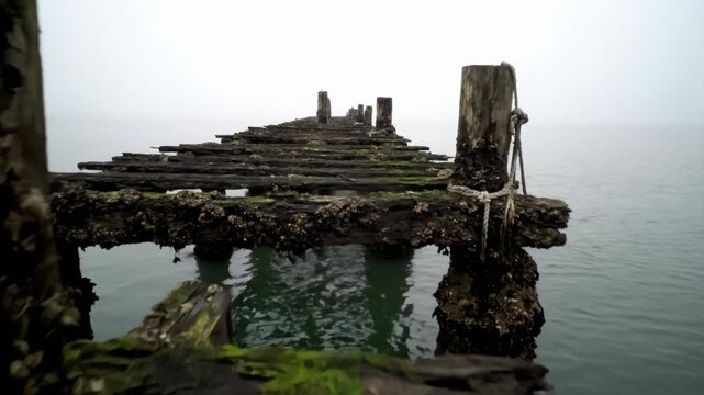 Long-abandoned pier with rotted planks and foghorn over water