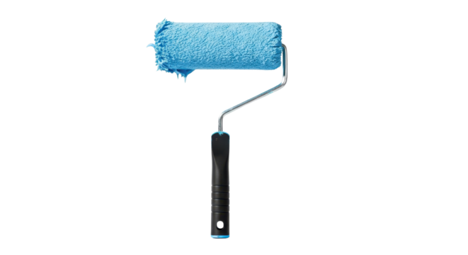 Paint roller with blue paint for house renovation and home improvement isolated PNG with Transparent Background