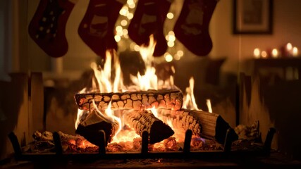 Cozy fireplace with crackling logs and hanging stockings