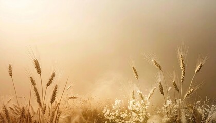 Fototapeta premium Golden Wheat Field at Sunrise with Soft Fog