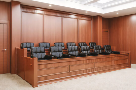 Empty courtroom jury box awaits justice, a scene of solemn deliberation