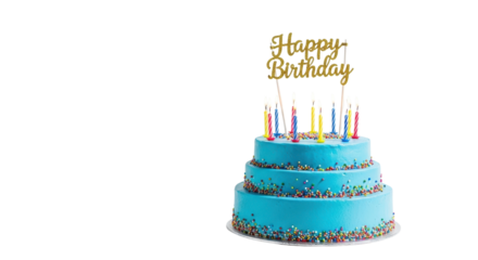 Happy Birthday blue tiered cake with colorful candles and sprinkles isolated PNG with Transparent Background
