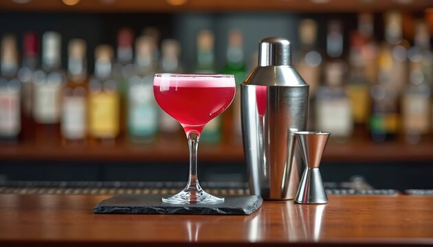 Stylish red cocktail served with shaker, jigger on bar counter. Vibrant chilled beverage, perfect for nightlife, celebrations. Features sparkling bubbles, garnished rim, sophisticated aroma for