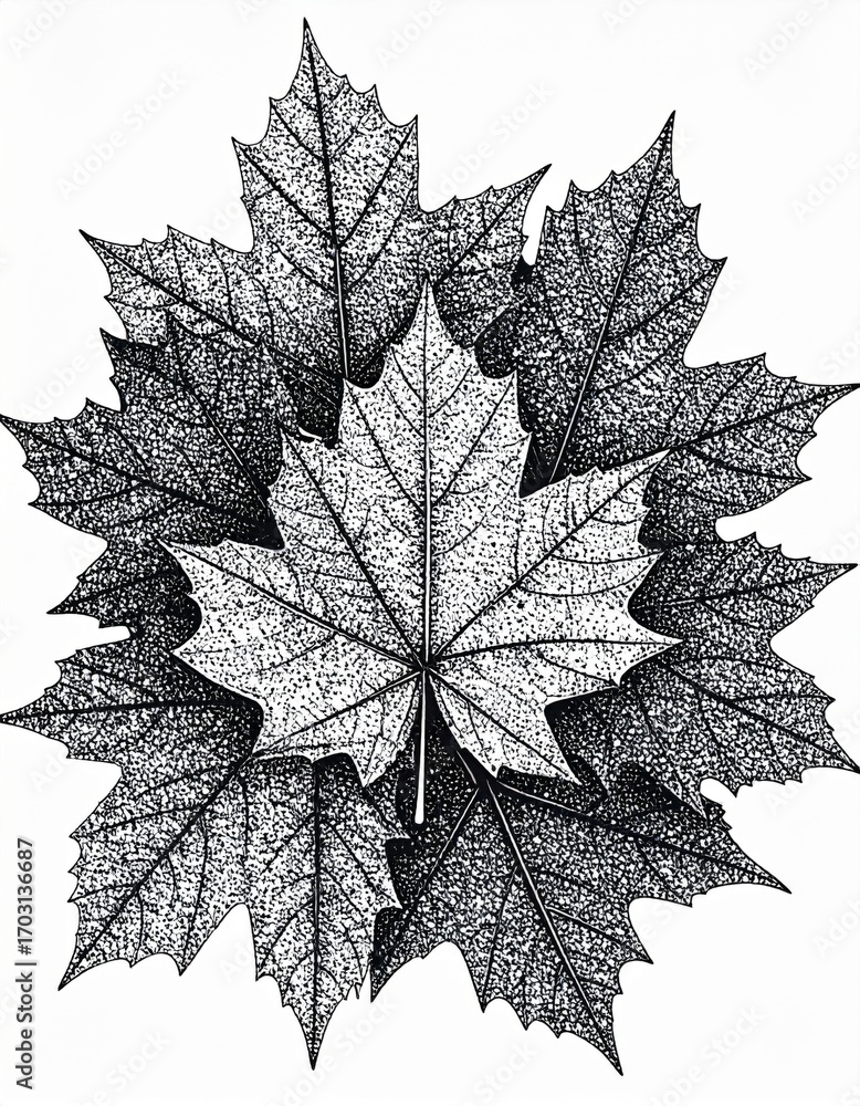 Poster monochrome maple leaves arranged in circular pattern botany element art image