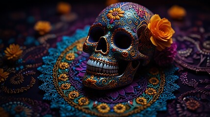 Fototapeta premium Colorful sugar skull captured in cinematic detail