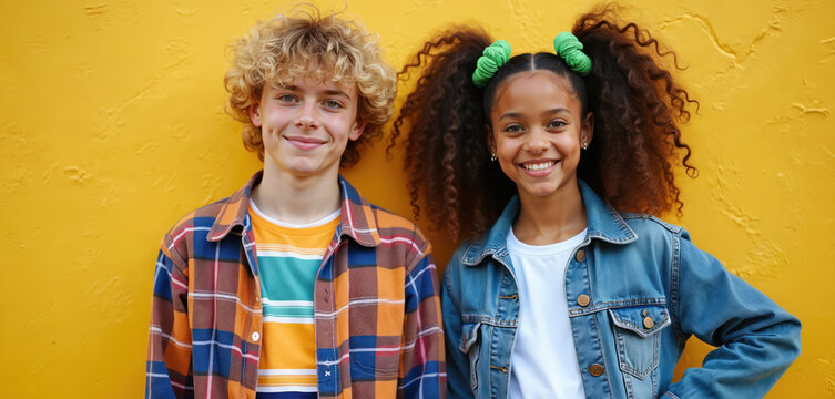 Two happy teenagers with 90s style clothing stand against yellow wall. Boy with curly blond hair wears plaid shirt over striped t-shirt. Girl with dark curly hair in green scrunchies wears denim - Powered by Adobe