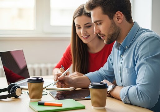 Young colleagues working together at desk with tablet and laptop, man writing with stylus while woman smiles, modern office teamwork with coffee cups and creative collaboration concept.