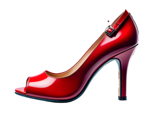 Shiny red peep toe high heel shoe with ankle strap isolated on a transparent background image