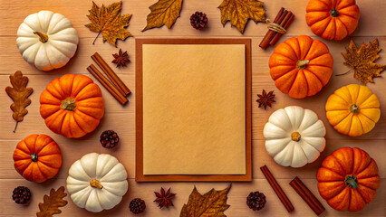 Autumn pumpkins and leaves frame blank paper on wood
