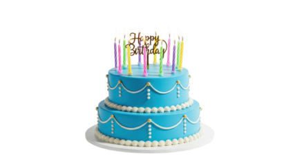 Happy Birthday two-tier blue cake with colorful lit candles isolated PNG with Transparent Background