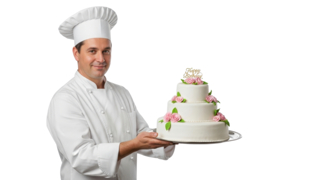 Smiling pastry chef holding a decorated Happy Birthday cake isolated PNG with Transparent Background
