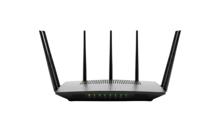 Modern black wireless internet Wi-Fi router with four antennas isolated PNG with Transparent Background
