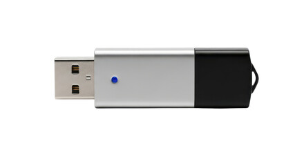 Silver and black USB flash drive with a blue LED light isolated PNG with Transparent Background