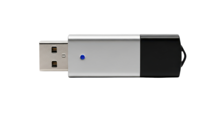 Silver and black USB flash drive with a blue LED light isolated PNG with Transparent Background