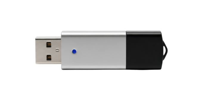 Silver and black USB flash drive with a blue LED light isolated PNG with Transparent Background - Powered by Adobe