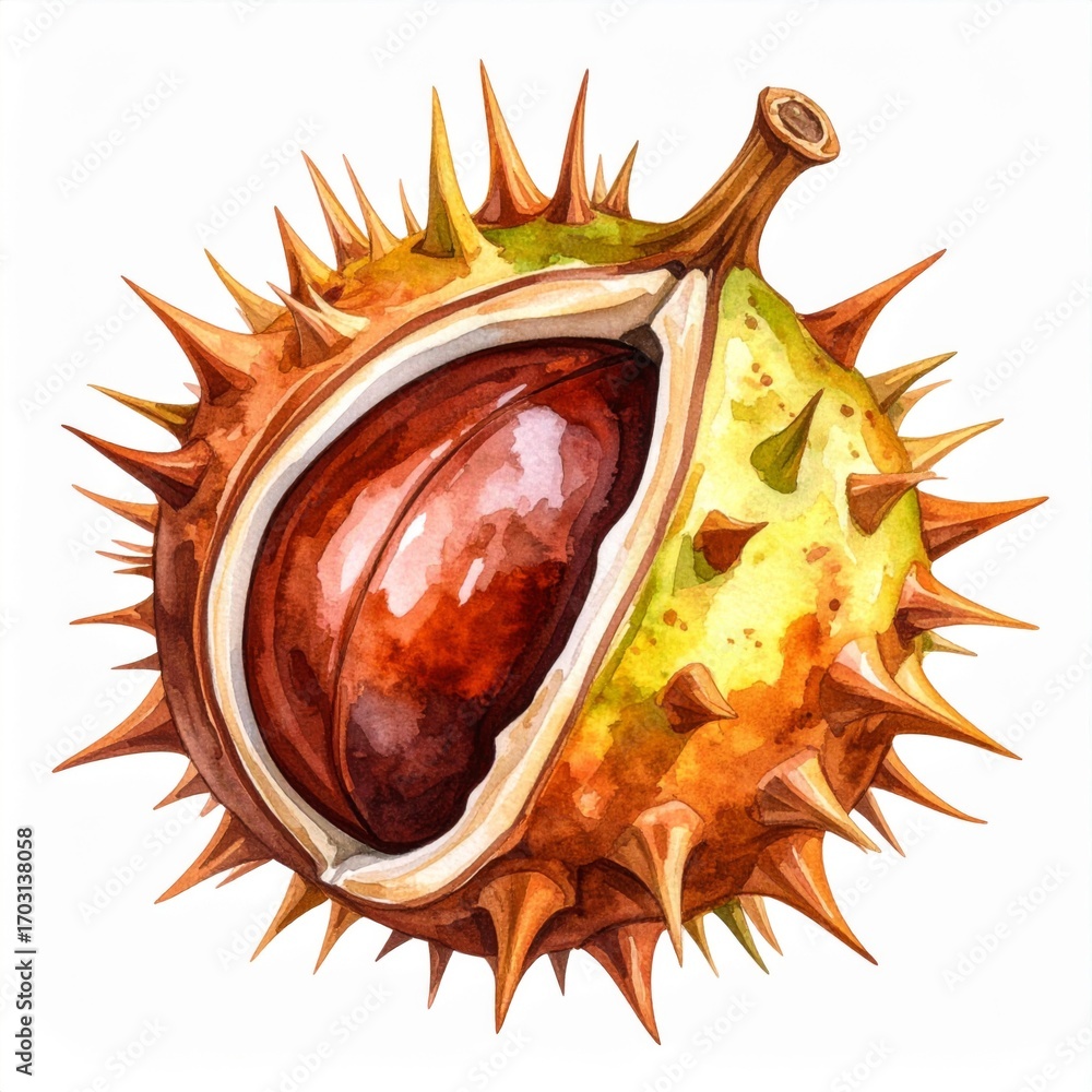 Poster macro view of a horse chestnut in a prickly green shell on white background