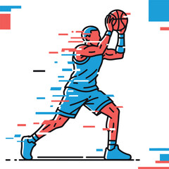 Illustration of a basketball player in motion, holding the ball, with speed lines.