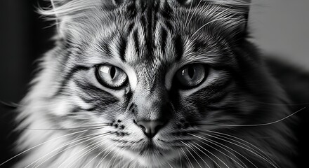 Close up black and white portrait of a fluffy Maine Coon cat face.