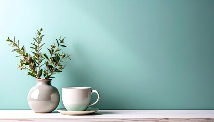 Fototapeta premium Grey Vase with Green Branches and Teacup on White Surface Against Mint Green Wall