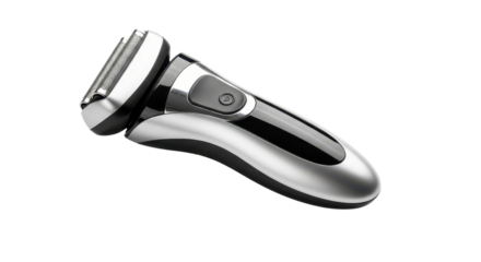 Modern silver and black electric shaver for men's grooming isolated PNG with Transparent Background