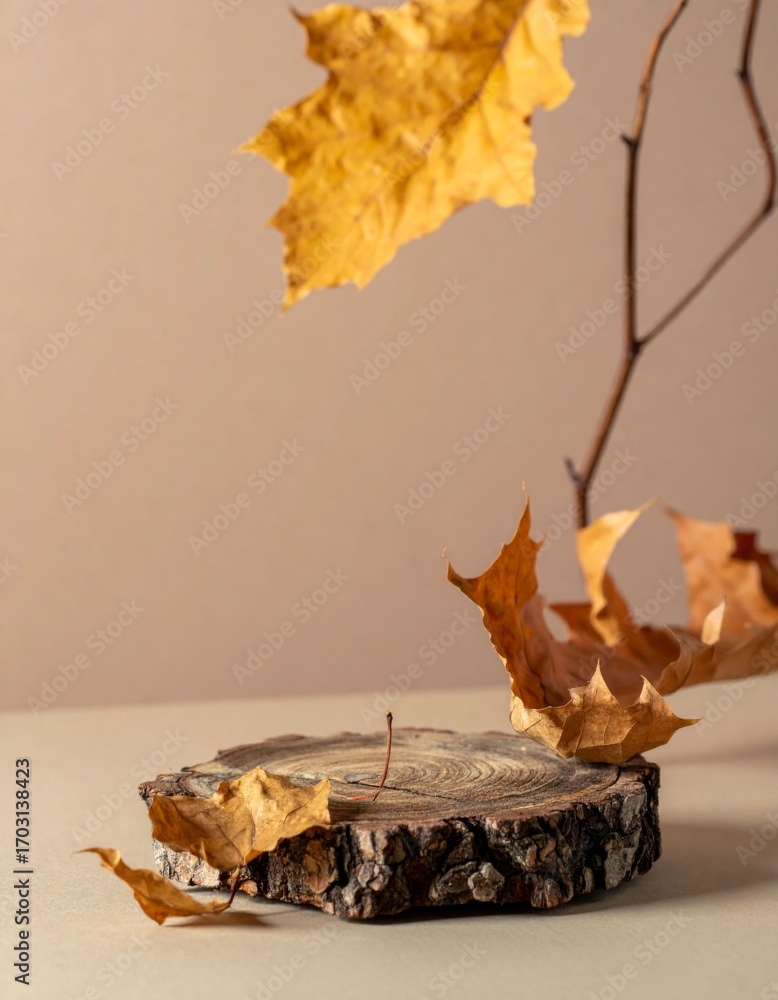 Poster autumn leaves and rustic wood slice display platform for product showcase