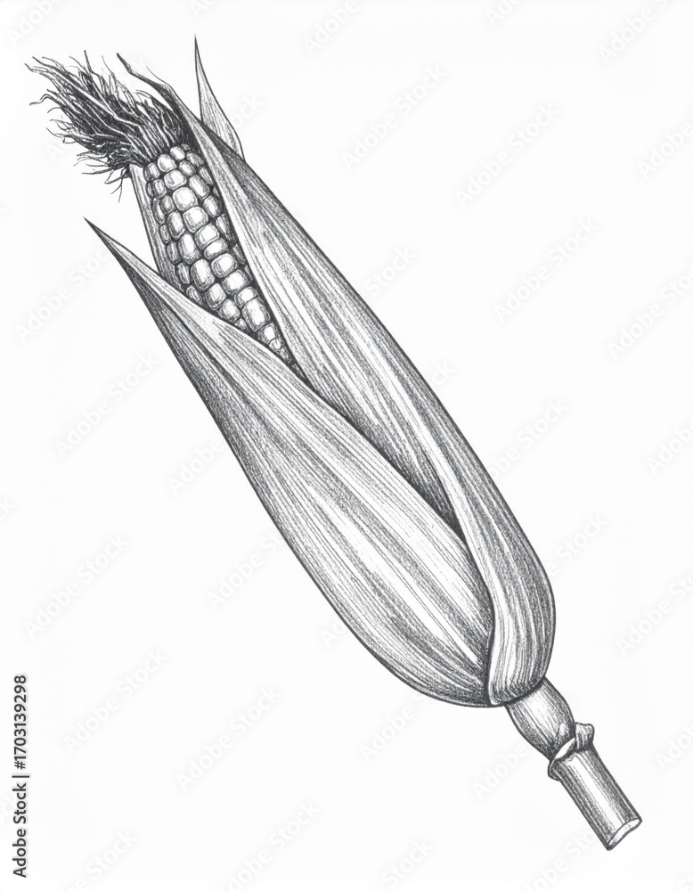 Poster detailed monochrome ink sketch of a corn cob with visible kernels and husks