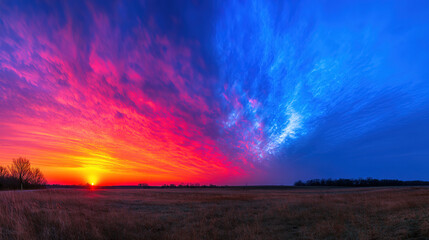 Obraz premium angle. Dramatic sunrise and sunset sky with vibrant clouds, showcasing warm and cool color contrasts in a panoramic view. inspiring travel planning.