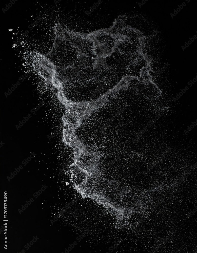 Poster dynamic water splash isolated on black background with freeze motion sparkle effect