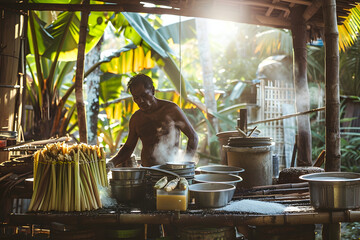 Artisan's Culinary Alchemy: An artisan, framed by the open-air workshop, meticulously attends to the steaming cauldron, light and shadow play to illuminate the process of authentic culinary creation.