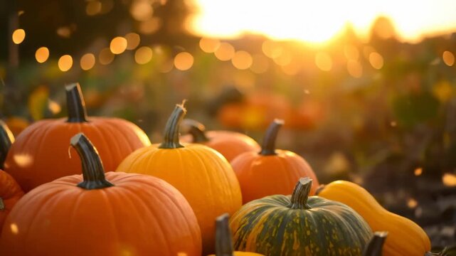 Pumpkin patch at golden hour with shallow bokeh foreground