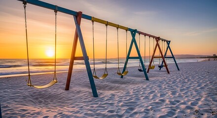 Beach Swings at Sunset - A Serene Coastal Scene.