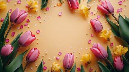 Cute Pastel Green Writing Frame with Tulips Border and White Brush Stroke, Minimalist Vector Illustration