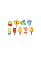 Asian paper lantern, colorful festival lamps, traditional holiday decor light isolated set on whit.ai