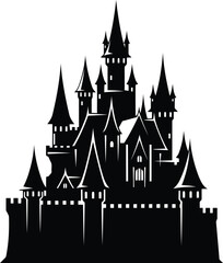 Obraz premium Majestic fantasy castle silhouette symbol fairytale architecture icon vintage storybook silhouette symbol vector