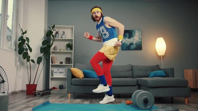 LOS ANGELES, CALIFORNIA, 10 OCTOBER, 2019: Confident handsome retro fitness guy dancing a modern dance making funny faces preparing for training at home.