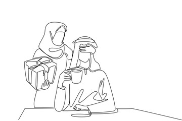 Single continuous line drawing an arab woman standing behind an arab man who sitting enjoying coffee. Surprise anytime anywhere. Happiness. Share. Love. Surprise. One line design vector illustration
