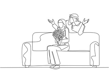 Single one line drawing an arab man standing behind an arab woman sitting on sofa holding bouquet of flowers. Start the day with little surprise. Surprise. Continuous line design graphic illustration