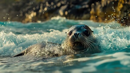 Obraz premium A seal swimming in the ocean with its head above the water near some rocks on the shoreline on transparent background silhouette