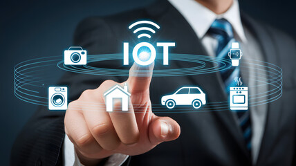 Businessman activating Internet of Things with a touch of genius